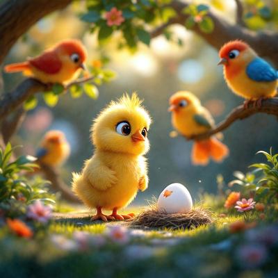 The image features a group of colorful birds, including a yellow chick, gathered around a nest. The chick is standing next to the nest, while the other birds are perched on nearby branches. The scene is set in a lush green environment, with a tree and a few flowers visible in the background. The overall atmosphere is warm and inviting, with the birds seemingly enjoying their time together.
